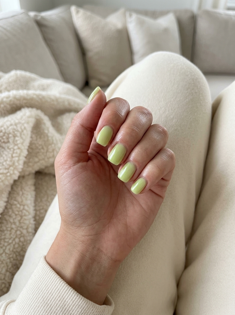 Fun summer nails 2026: Milky lime wash on short squoval nails for daily wear or work.
