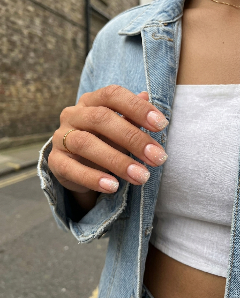 Fun summer nails 2026: Romantic peach fuzz glitter gradient for garden parties and weddings.