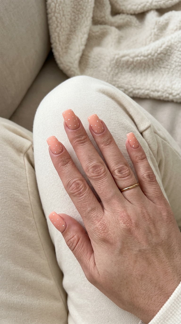 Fun summer nails 2026: Peach fuzz matte with tiny white dots for a sweet, minimalist casual look.