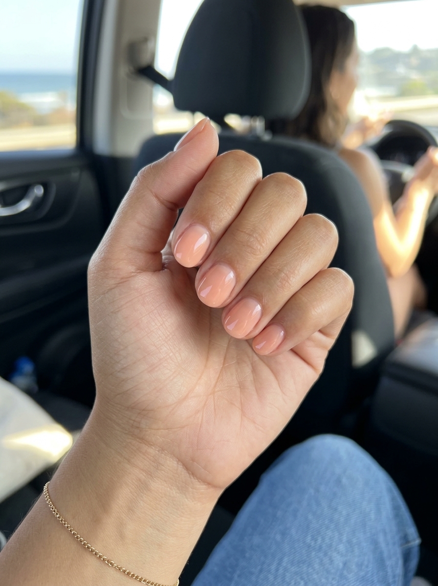 Fun summer nails 2026: Peach fuzz sheer wash on short rounded nails for daily wear or work.