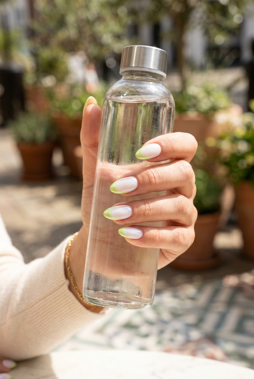 Fun summer nails 2026: Pearlescent lime green French tips on milky white base for elegant weddings.