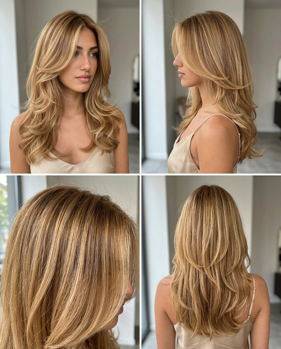 long golden blonde hair with honey balayage, deep side part, and cascading layers for summer