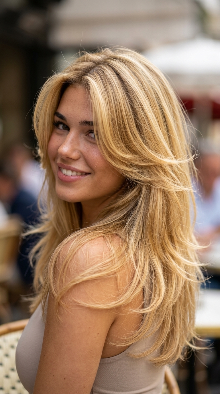 long layered haircut in sun-kissed golden blonde with honey undertones, butterfly layers — playful glamorous blowout