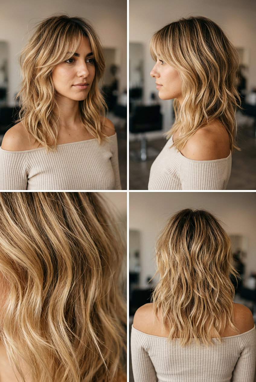 long messy wolf cut with warm golden blonde balayage, babylights, sweeping bangs — soft, playful
