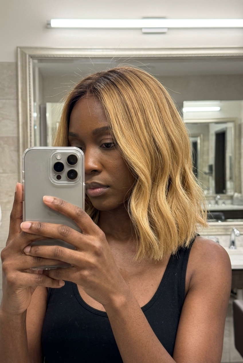 shoulder-grazing blunt bob haircut with golden blonde ombré, natural root, soft fringe — playful music festival