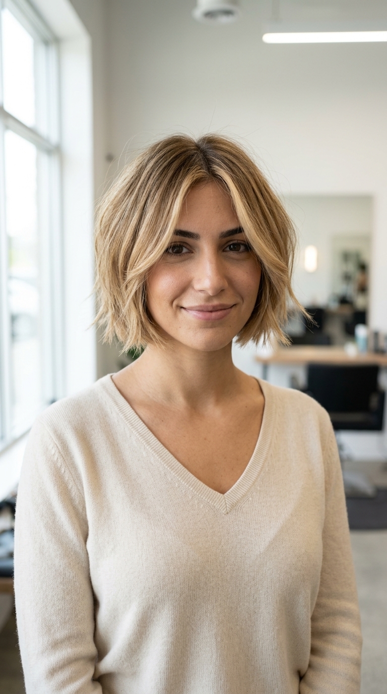 short bob haircut in golden blonde balayage with sandy highlights, face-framing layers, point-cut ends — playful and boho