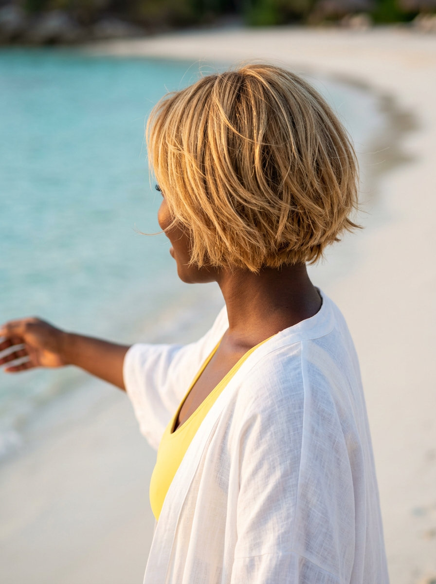 Golden Hour Bob 2026 short layered bob with warm golden blonde and sun-kissed babylights, face-framing layers for weekend