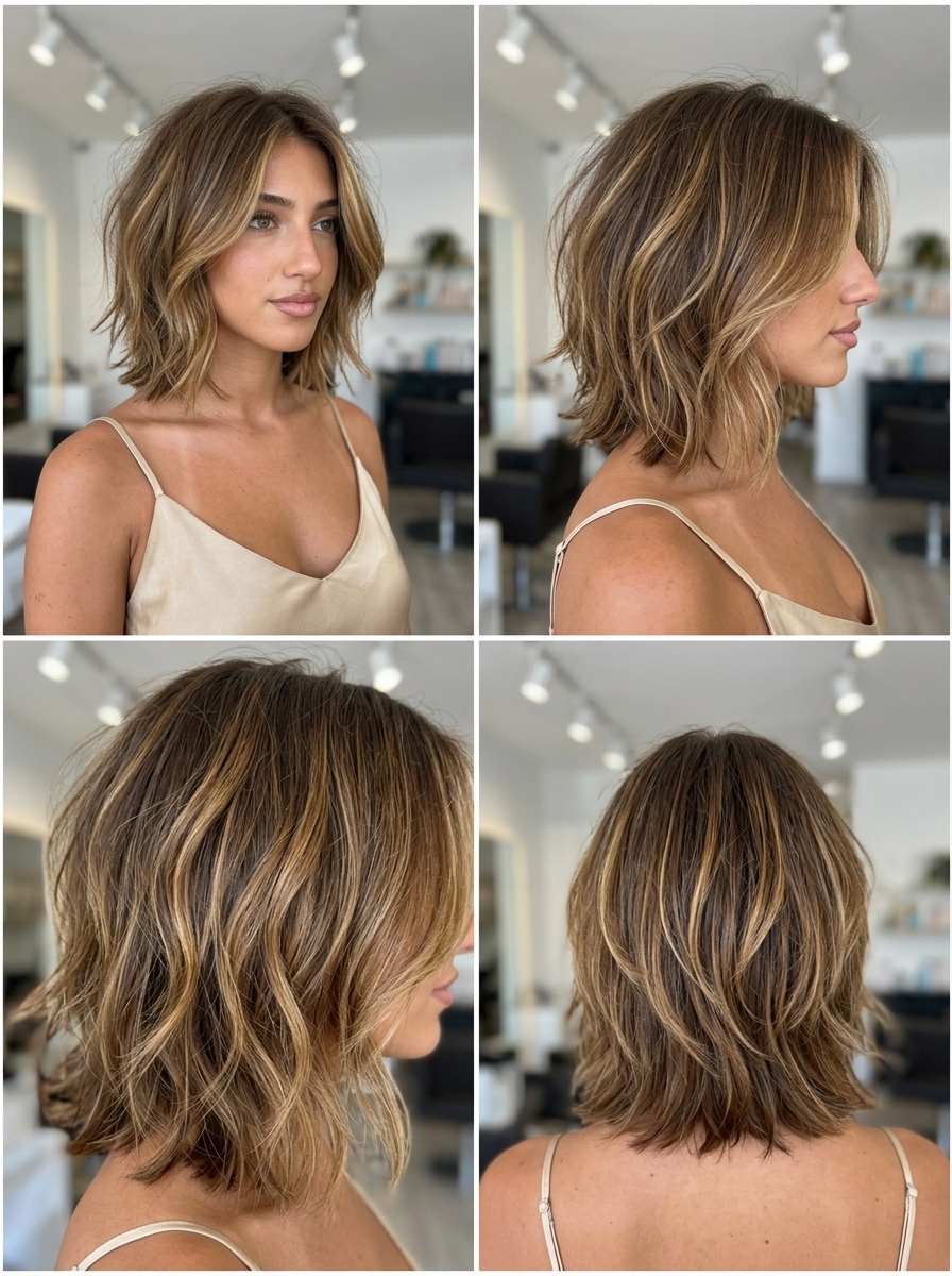Golden Hour Choppy Bob 2026 shoulder-length choppy bob haircut with golden balayage, honey highlights, and curtain bangs for radiance