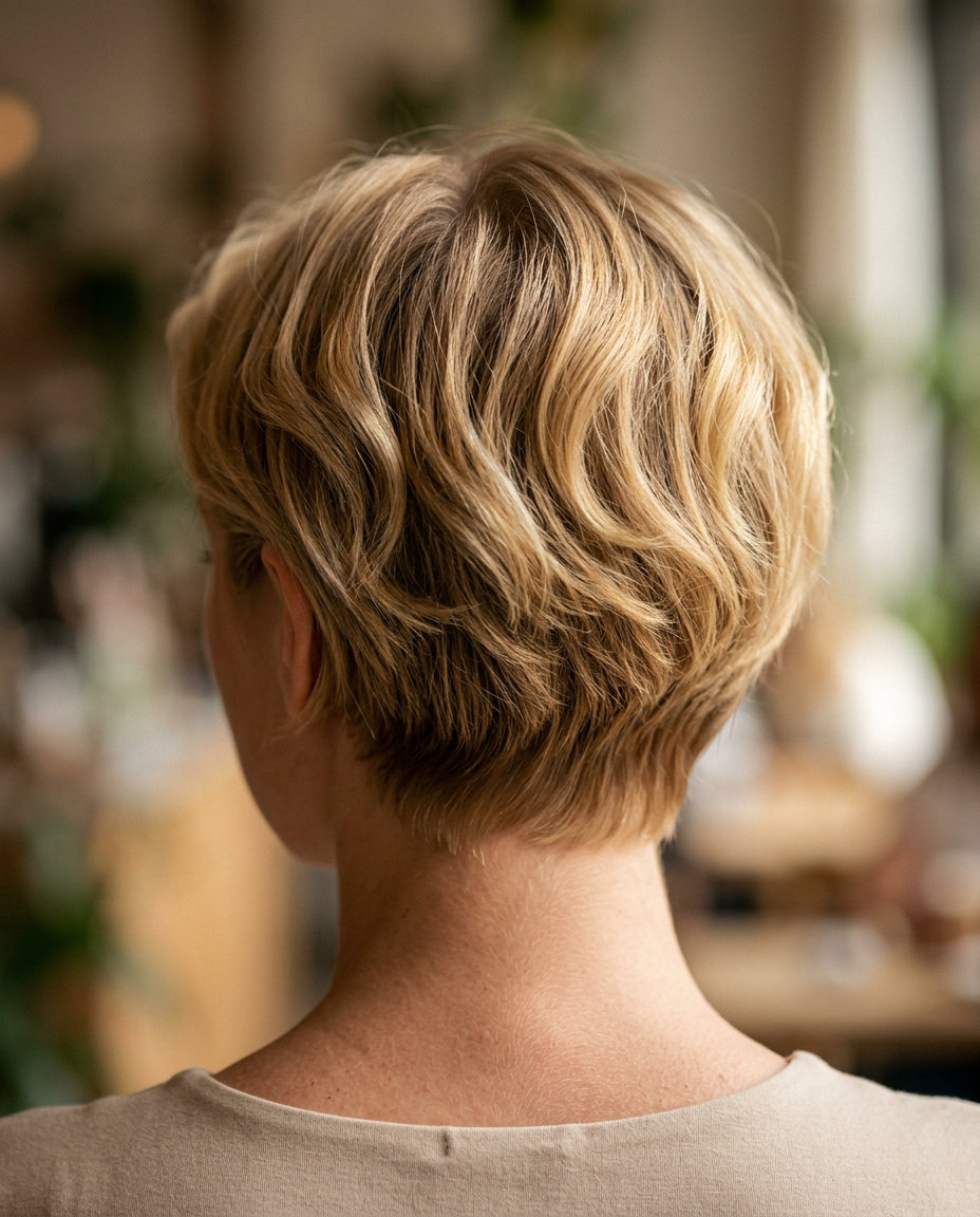 very short pixie haircut with golden blonde balayage, wispy side fringe for romantic brunch