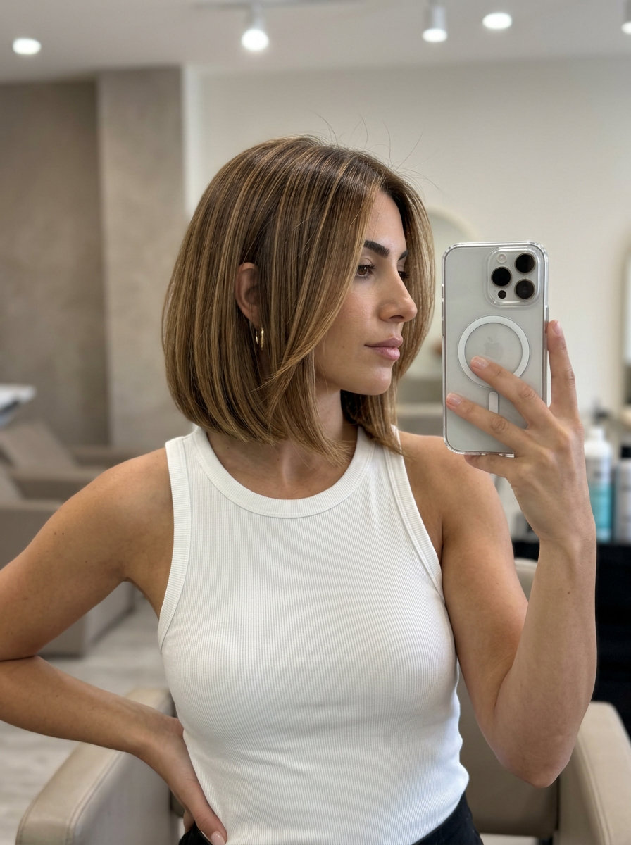 short textured bob haircut with golden brown and caramel babylights for work