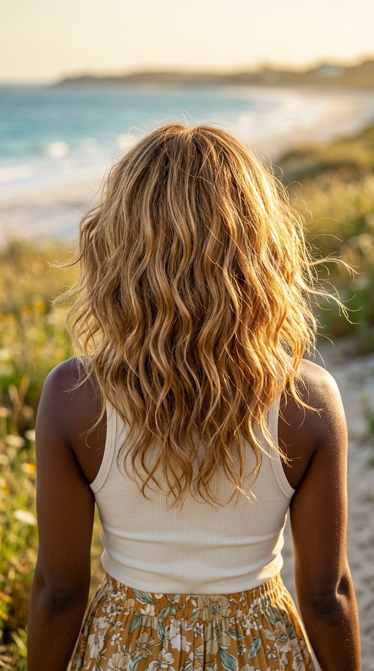 long wavy hairstyle with golden blonde and honey tones, air-dried texture, no fringe — relaxed bohemian beach day