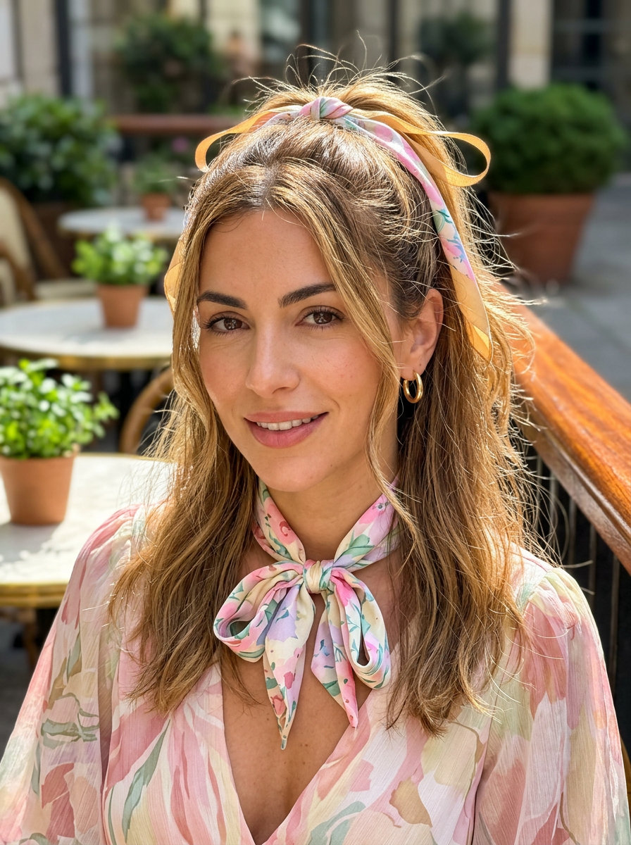 long warm honey balayage half-up with golden ribbons and silk scarf for summer work