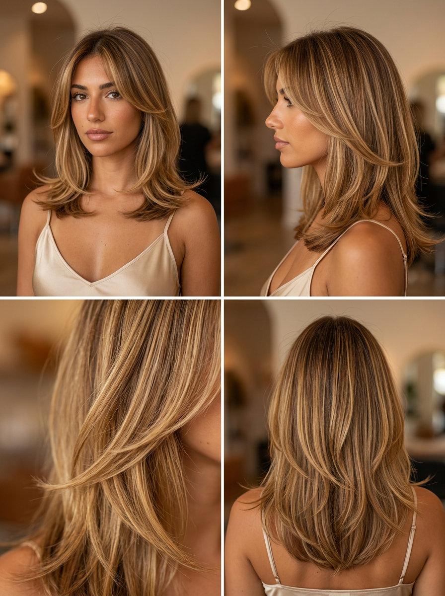 Golden Hour Flick: Honey Balayage Layers 2026 medium layered haircut with honey balayage, golden money pieces, curtain bangs — playful summer look
