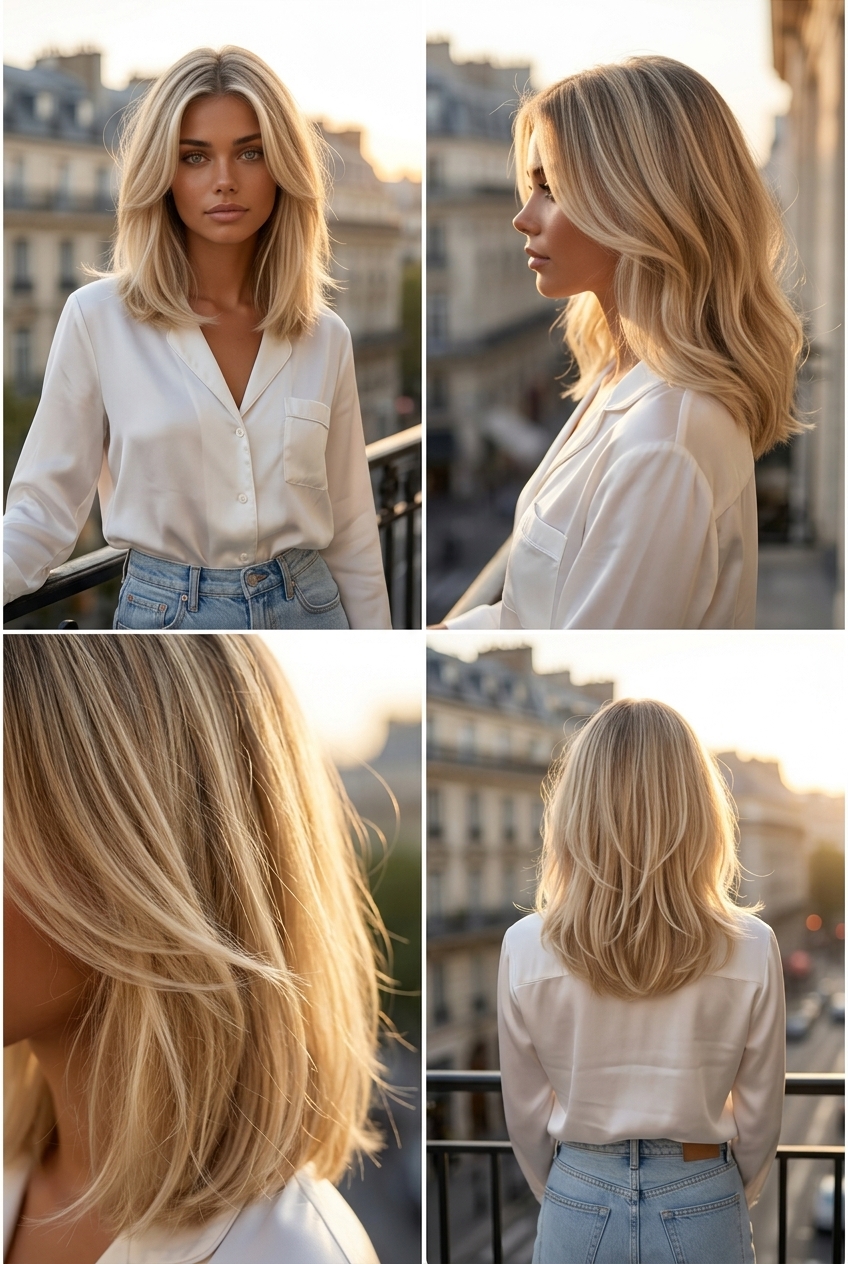 French Lob Hairstyle 2026: Honey Blonde collarbone-length honey blonde French lob with babylights and face-framing layers for summer