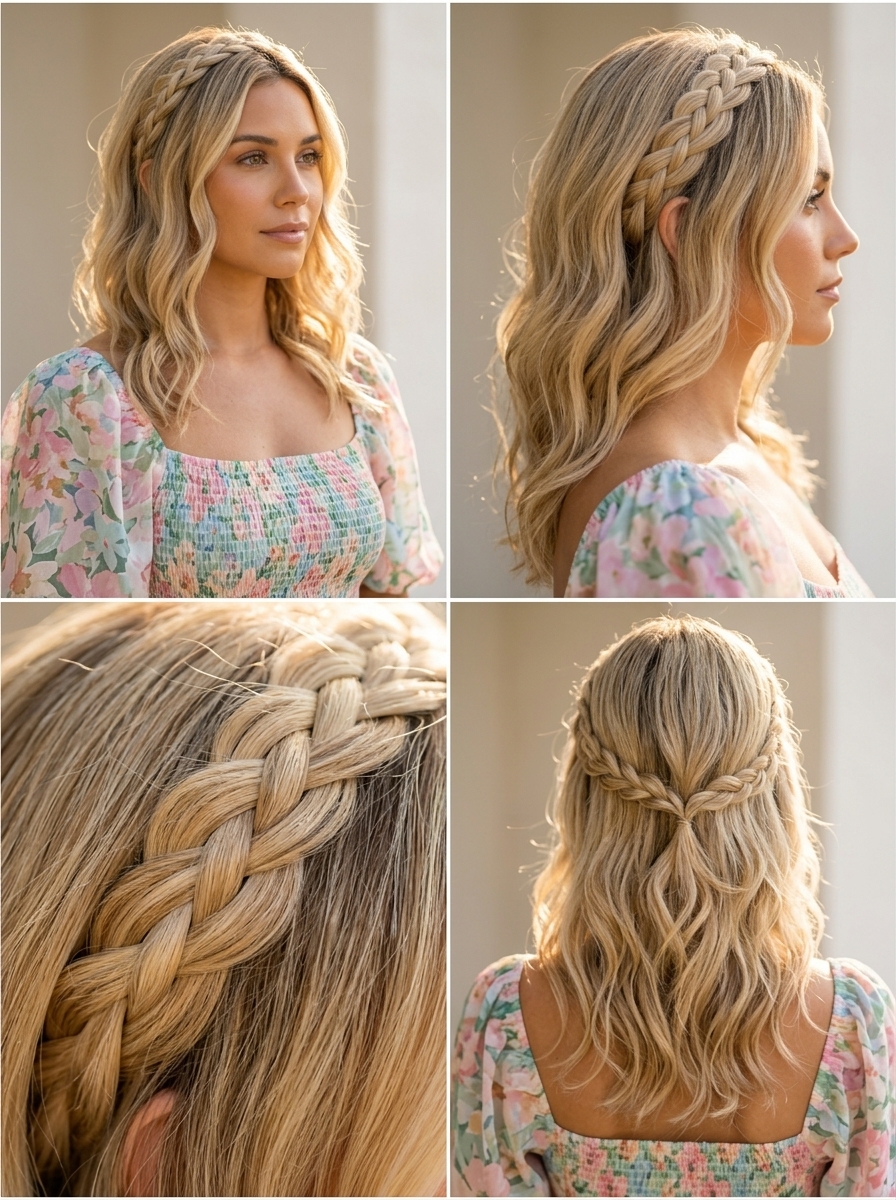 long warm honey blonde braided headband with loose waves for outdoor brunch