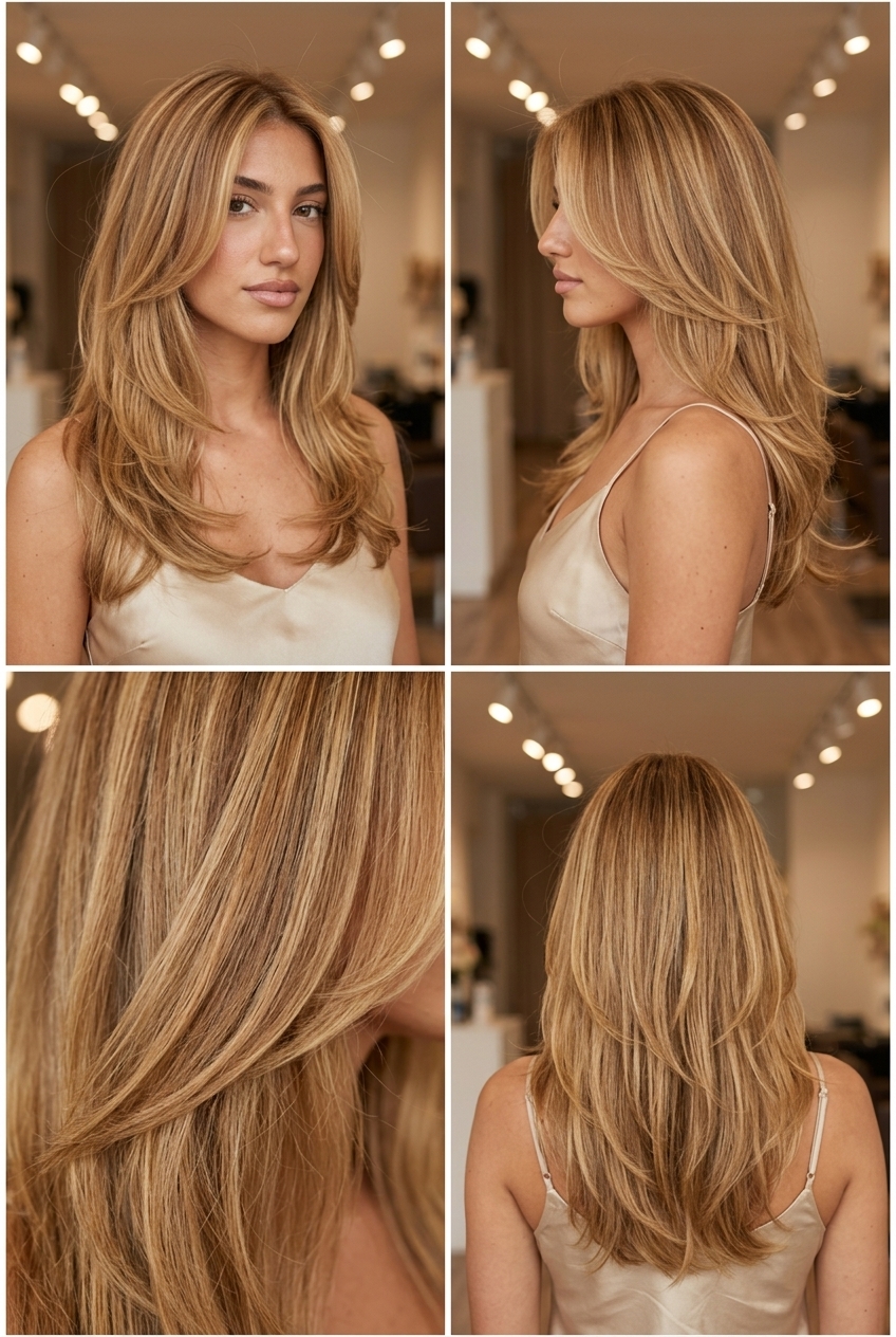long layered haircut in warm honey blonde with golden babylights, soft flowing layers — romantic date night