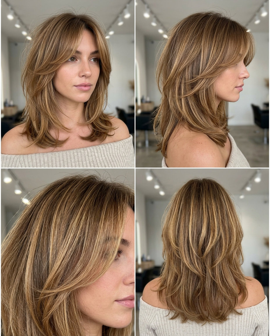 medium honey blonde shag with golden highlights, textured layers, curtain bangs — romantic bohemian brunch