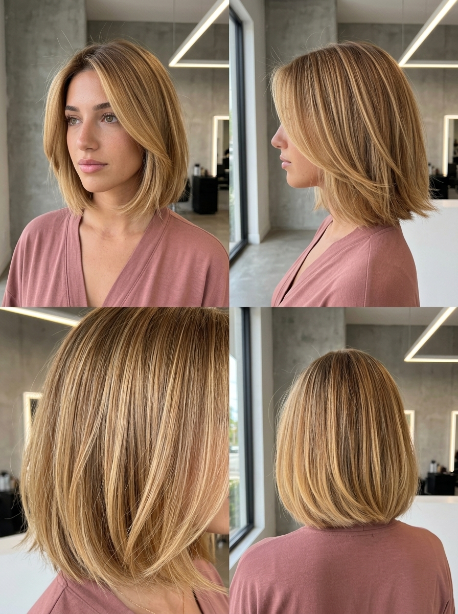 short textured bob haircut with honey blonde babylights and soft root smudge for beachy look