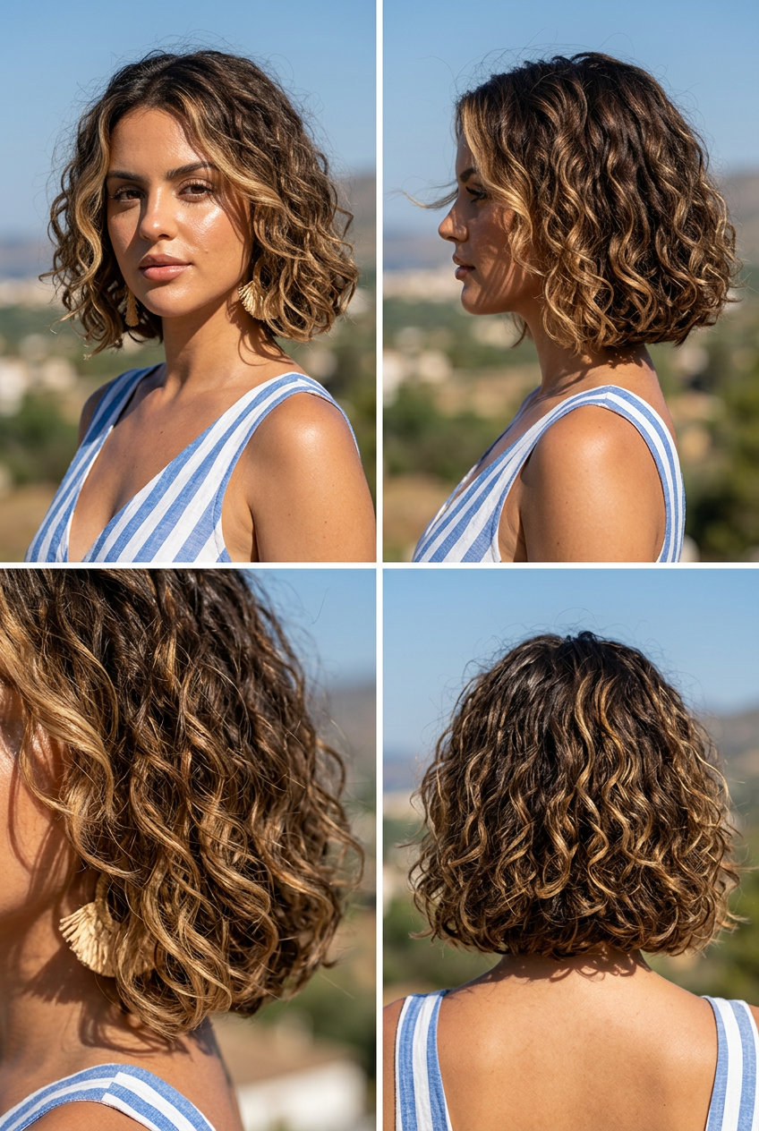 Sun-Etched Curly Bob 2026 short curly sun-etched honey blonde bob with face-framing layers for summer 2026