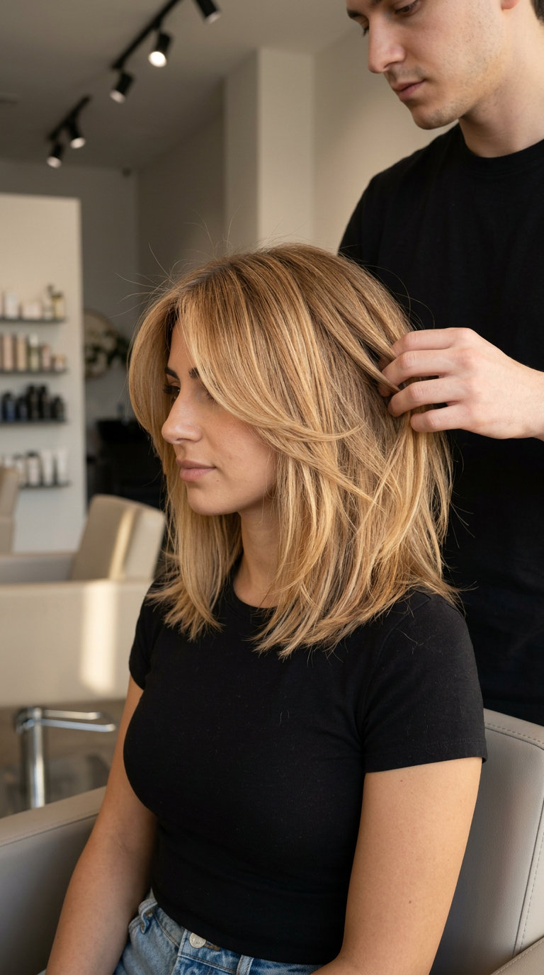 shoulder-length honey blonde shag lob with golden caramel ribbons, face-framing layers, curtain bangs — effortless boho