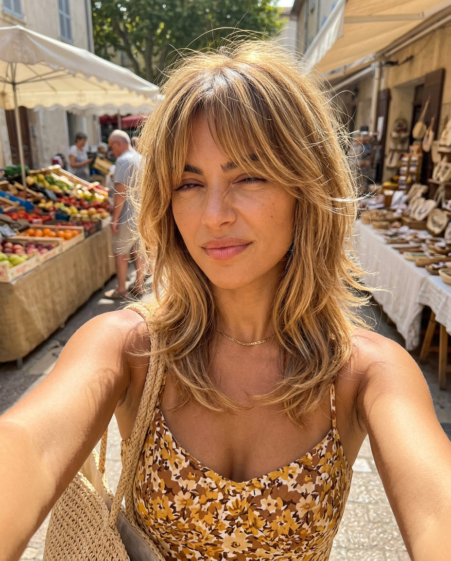 Honey Bee Shag 2026 shoulder-length warm honey blonde shag haircut with choppy layers and fringe for summer