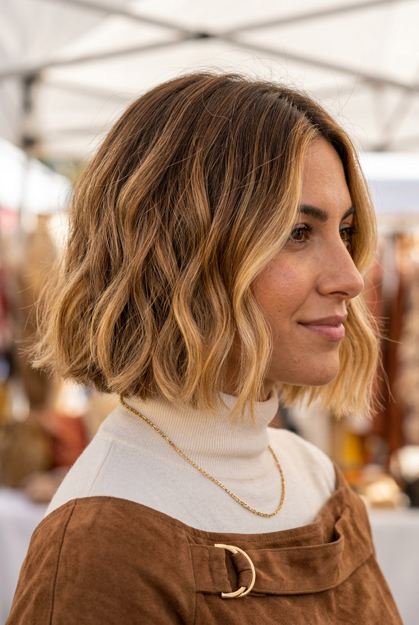 Honey Ombré Bob 2026 short blunt bob with warm honey ombré from natural brunette, seamless blend for casual work