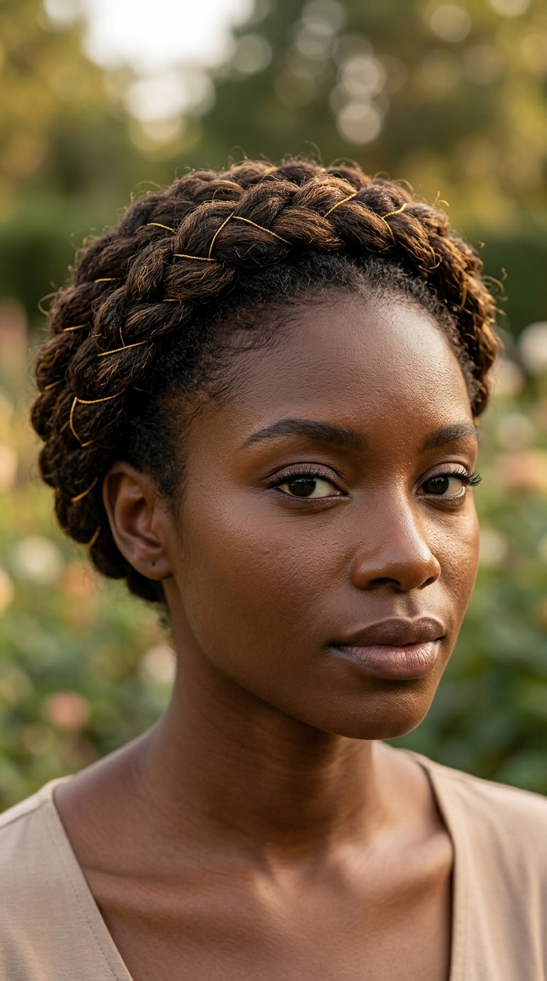 long natural hair braided crown with warm honey & golden bronze highlights, no fringe — romantic