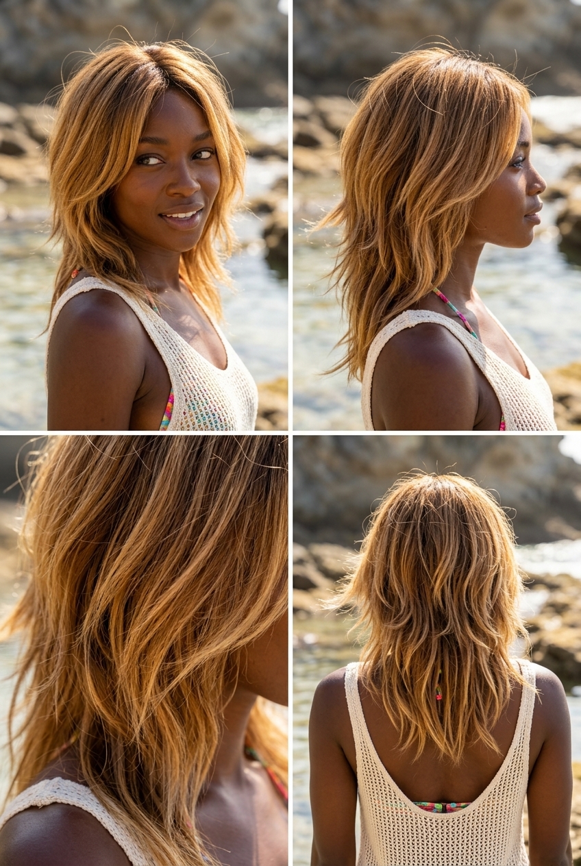 long natural hair summer sun shag with warm honey blonde ombré and caramel highlights, piecey layers — bohemian festival