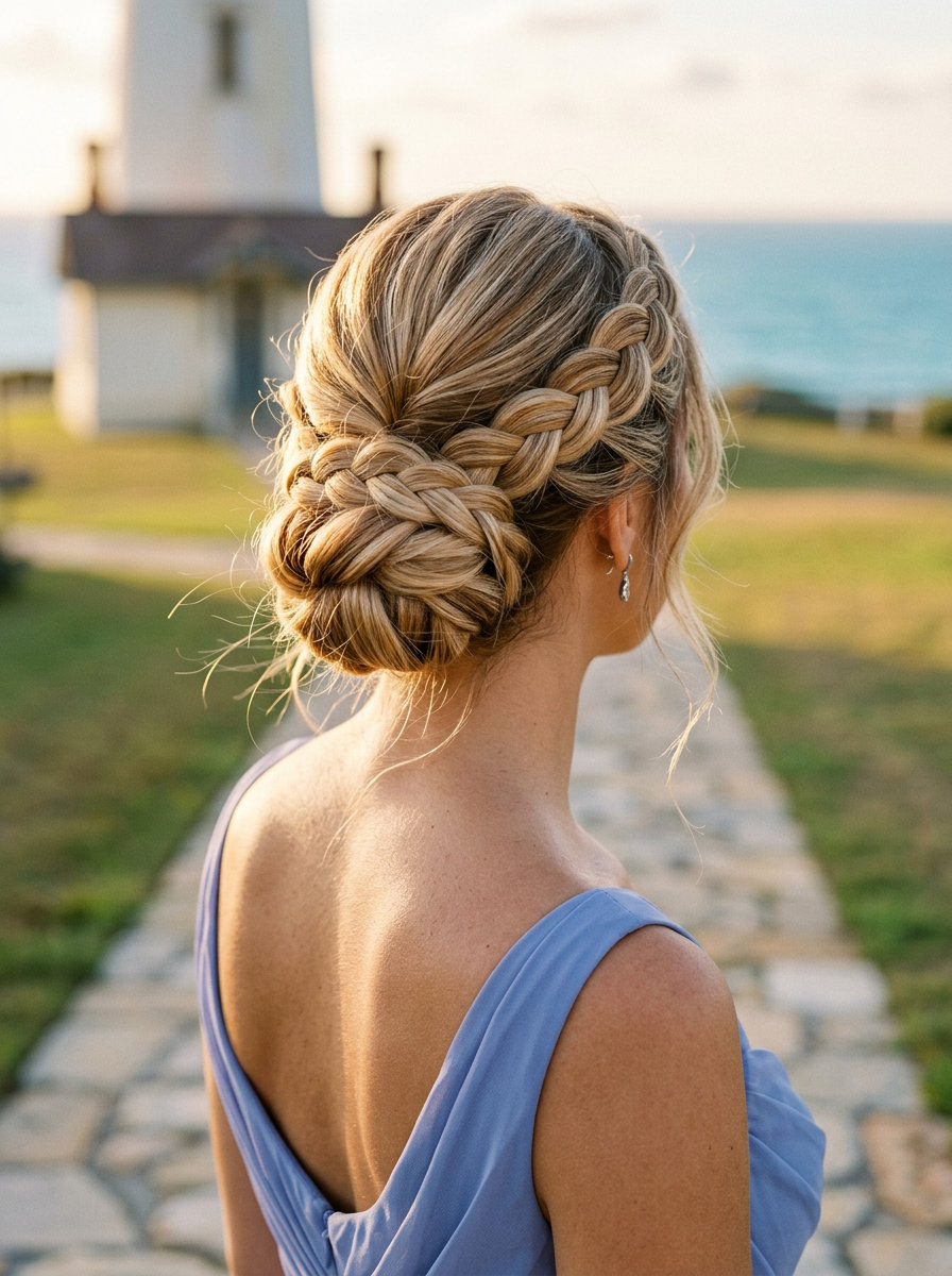 Elegant Honey Wheat Braided Chignon 2026 long honey wheat blonde braids hairstyle 2026 with chignon and face-framing wisps for wedding