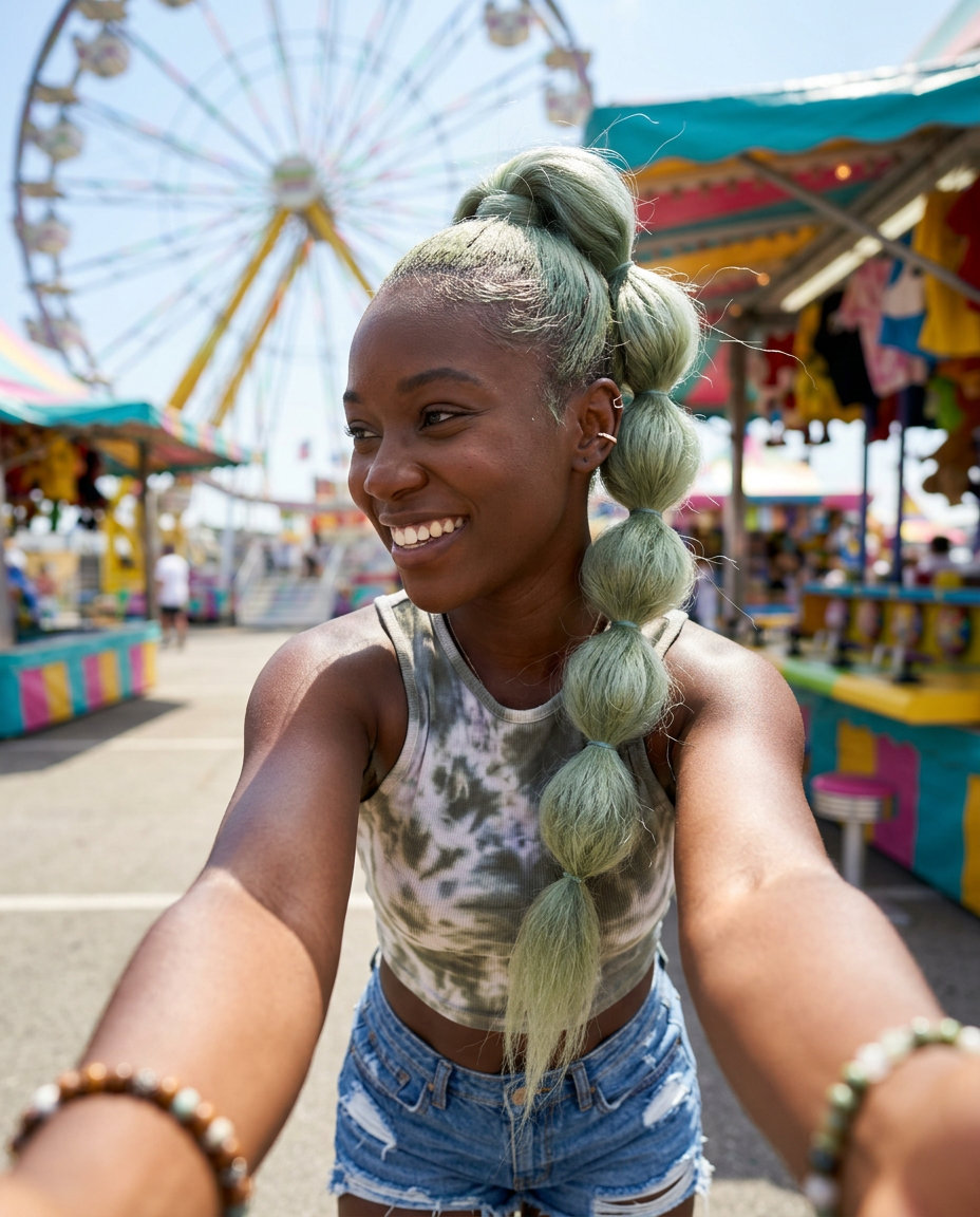 Playful Festival Bubble Braid Hairstyle 2026 long iced matcha braids hairstyle 2026 with bubble effect and playful vibe for festival