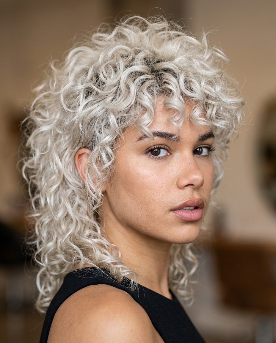 short curly mixie haircut in iced platinum with textured layers and micro-fringe for summer