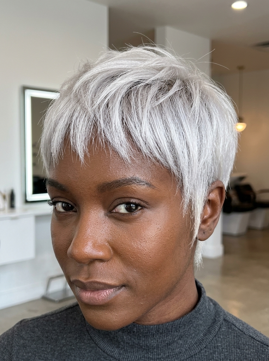 short pixie haircut with iced platinum color, ash shadow root and micro-fringe — edgy punk style