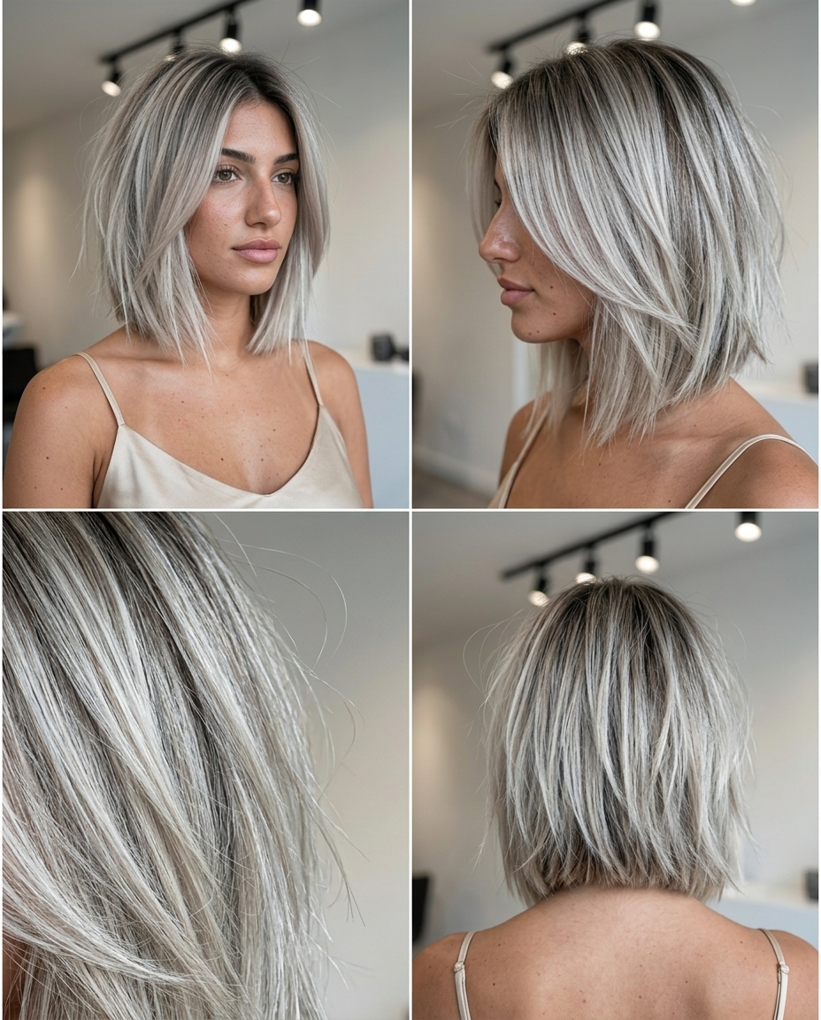 Arctic Edge Choppy Bob 2026 chin-length choppy bob haircut with icy ash blonde, silver undertones, and charcoal root for edgy style