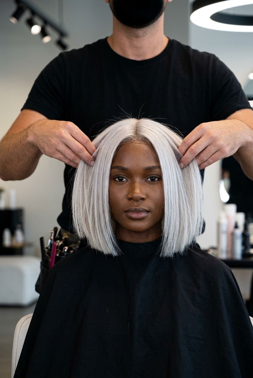 jaw-length icy platinum blonde blunt bob with silver undertones, debulked interior for edgy night out