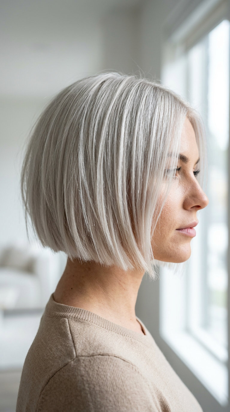 medium bob icy platinum blonde with cool violet toner, point-cut edges, no bangs — bold, edgy