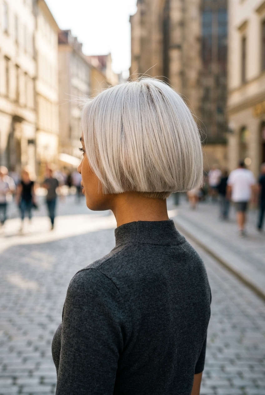 short icy platinum bixie haircut with cool root smudge and sleek drape for city chic
