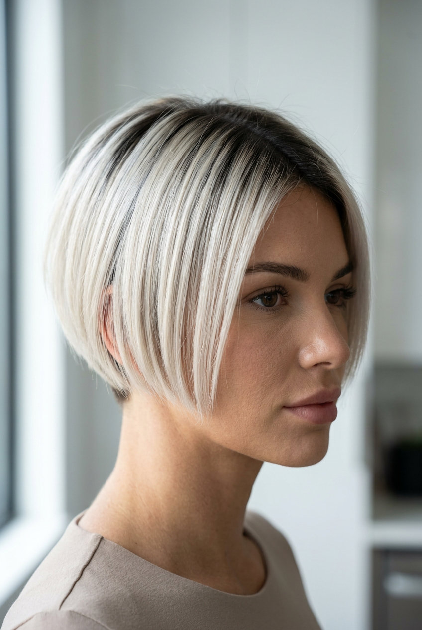very short pixie haircut in icy platinum blonde with charcoal root, blunt cut for sophisticated mood