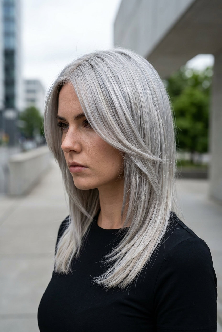 long layered haircut in icy silver platinum blonde with cool ash root smudge, sleek internal layers — bold gala event
