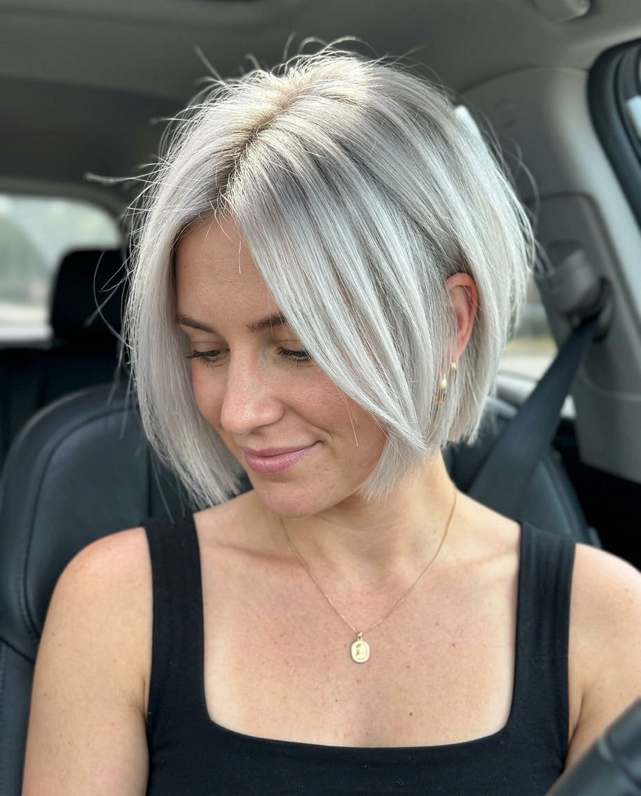 short textured bob haircut with icy silver blonde and ash root smudge for edgy look