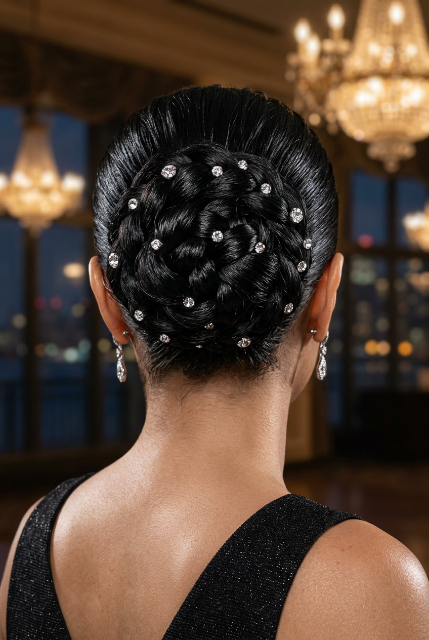 Glamorous Jeweled Gala Bun Hairstyle 2026 long jet black braids hairstyle 2026 with jeweled bun and high-gloss finish for gala
