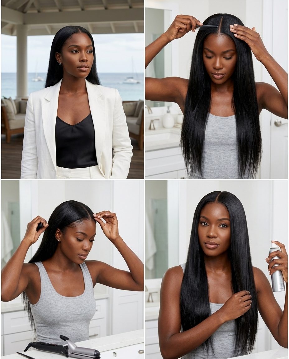 long natural hair minimalist sleek part with jet black, high gloss finish and center part — modern professional