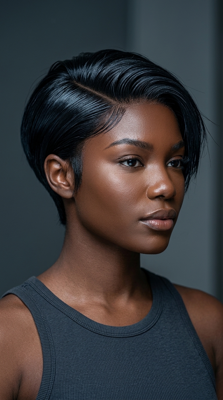 short sculpted bixie haircut in jet black with blue-black undertones, undercut — dramatic