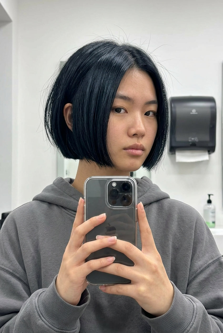 short bob haircut in jet black with blue-black undertones, internal thinning, no fringe — bold and sophisticated