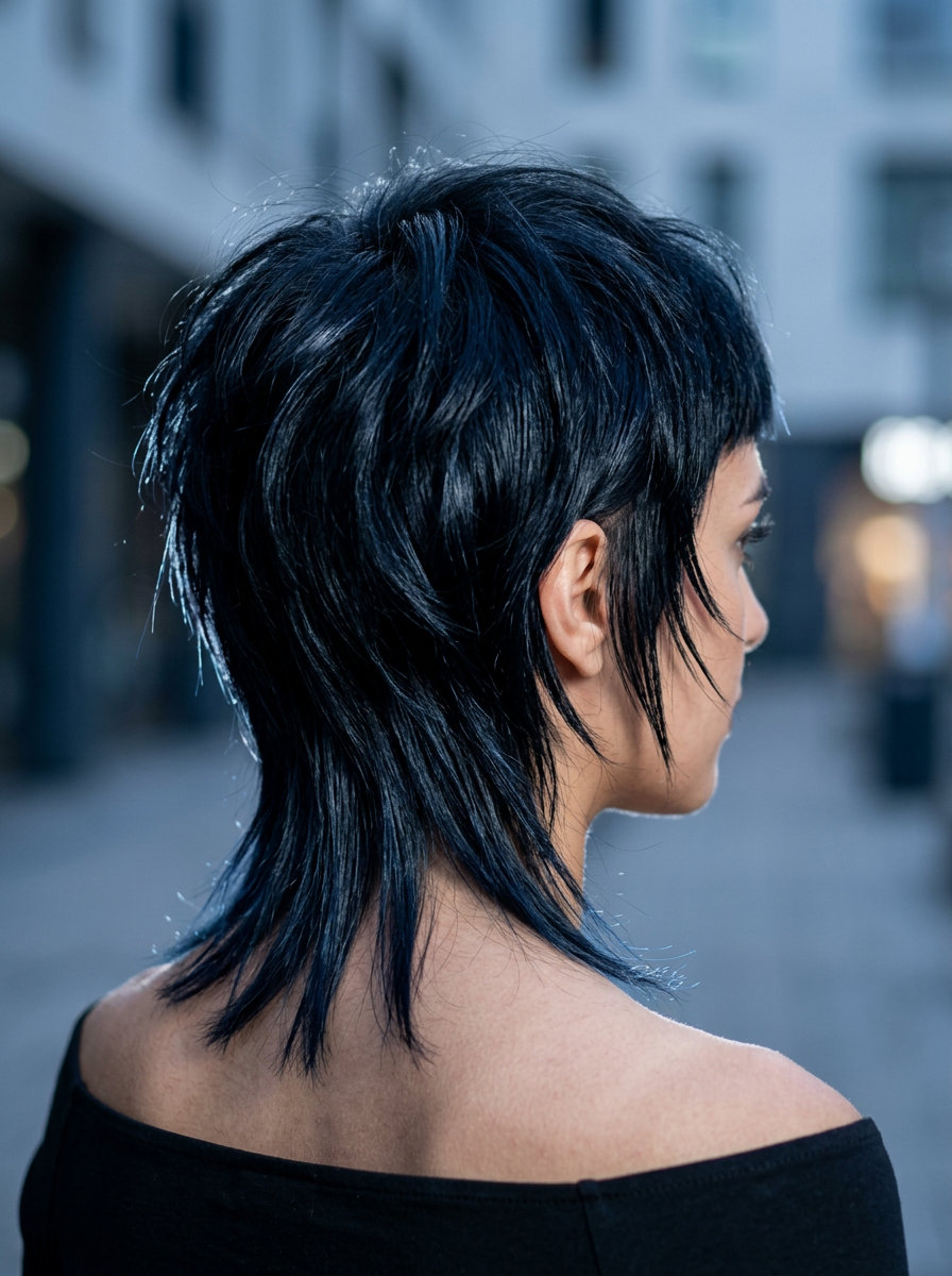 short jet black shullet with cool blue undertones, razored texture, choppy micro-bangs — edgy festival look