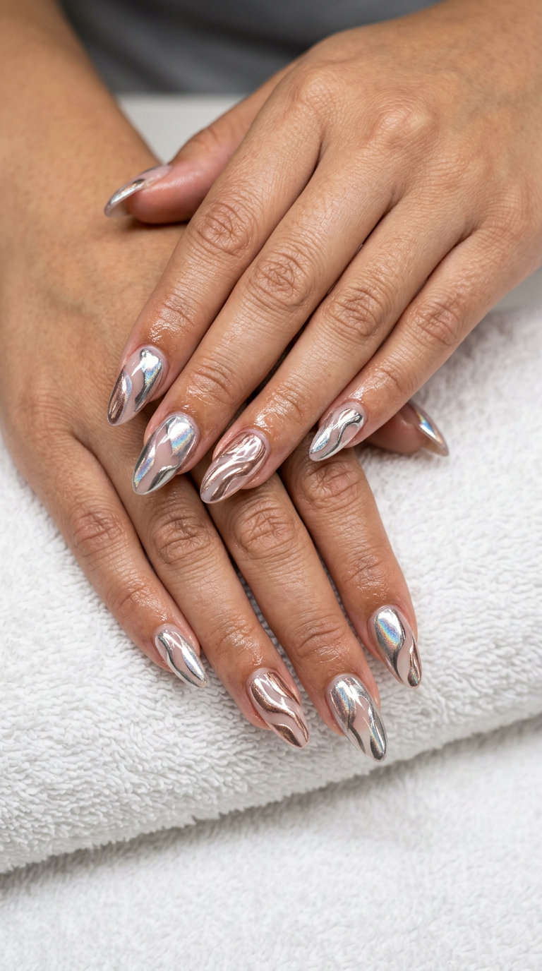 Chrome Art Abstract nails: June manicure ideas - summer trends 2026. Edgy and artistic for events.