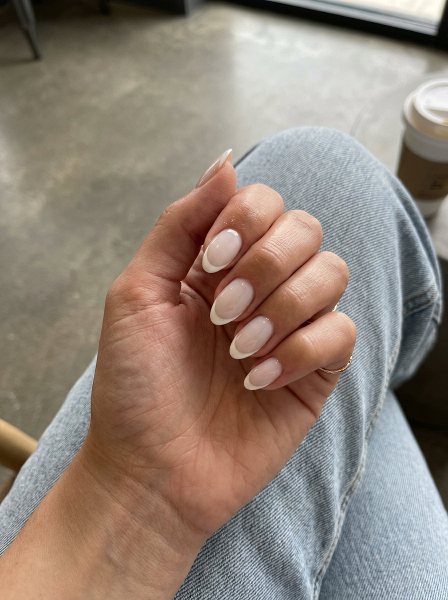 Cloudy Micro French Almond nails: June manicure ideas - summer trends 2026. Minimalist elegance for office.
