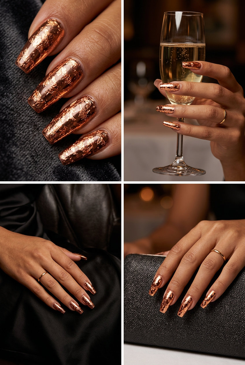 Copper Foil Chaos Coffin nails: June manicure ideas - summer trends 2026. Edgy and glamorous for nights out.
