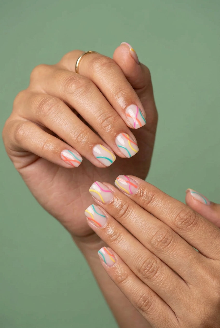 Abstract Art Lines Short nails for daily wear, a playful artistic summer trend 2026.