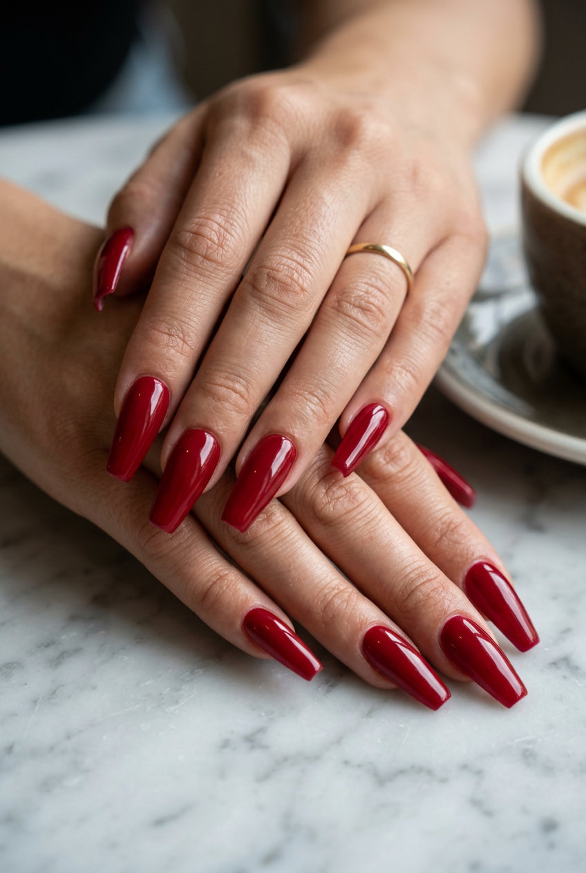 Cherry Red Glossy Coffin nails for date night, a sultry and classic summer trend 2026.