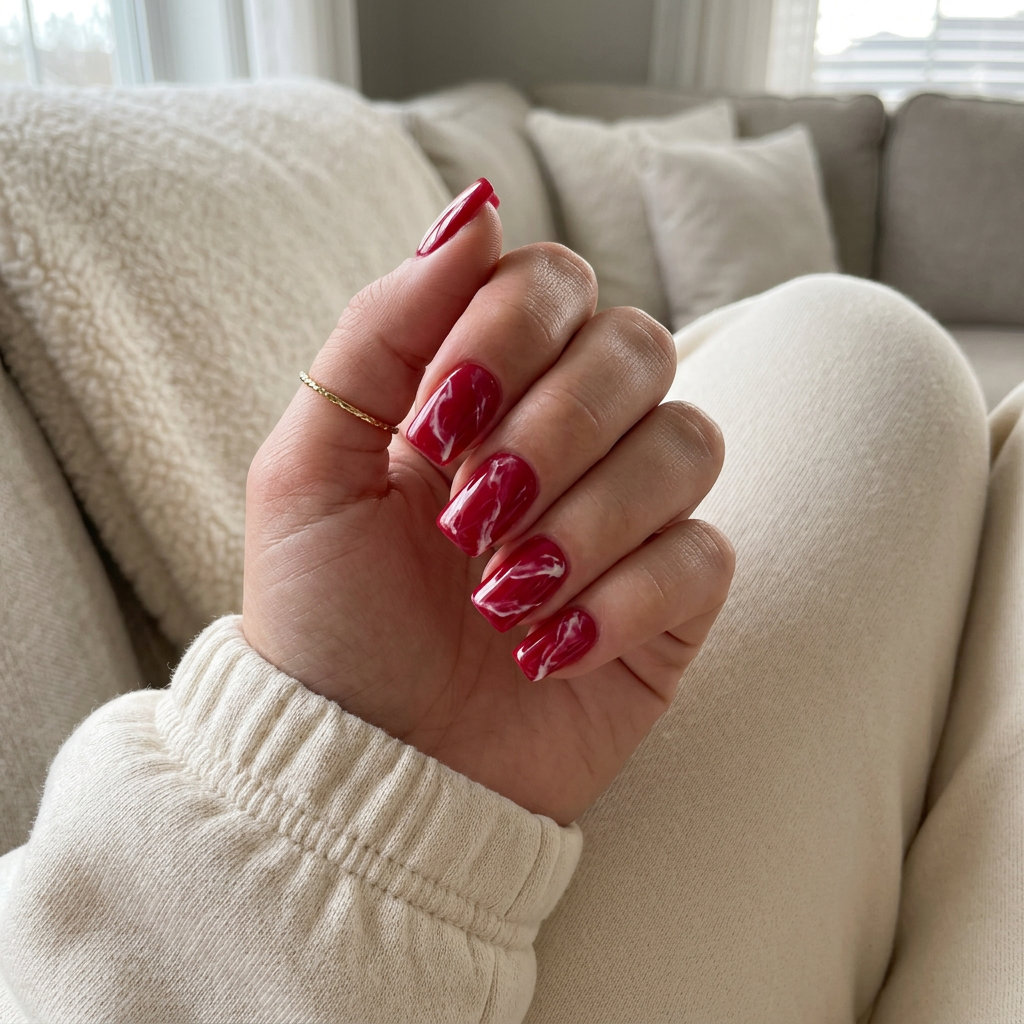 Classic Cherry Red Marble Square nails for summer events, a bold & playful trend 2026.